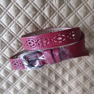 3/$30 Elegant Berry Red Women's Belt Floral Cutout Pattern Adjustable
